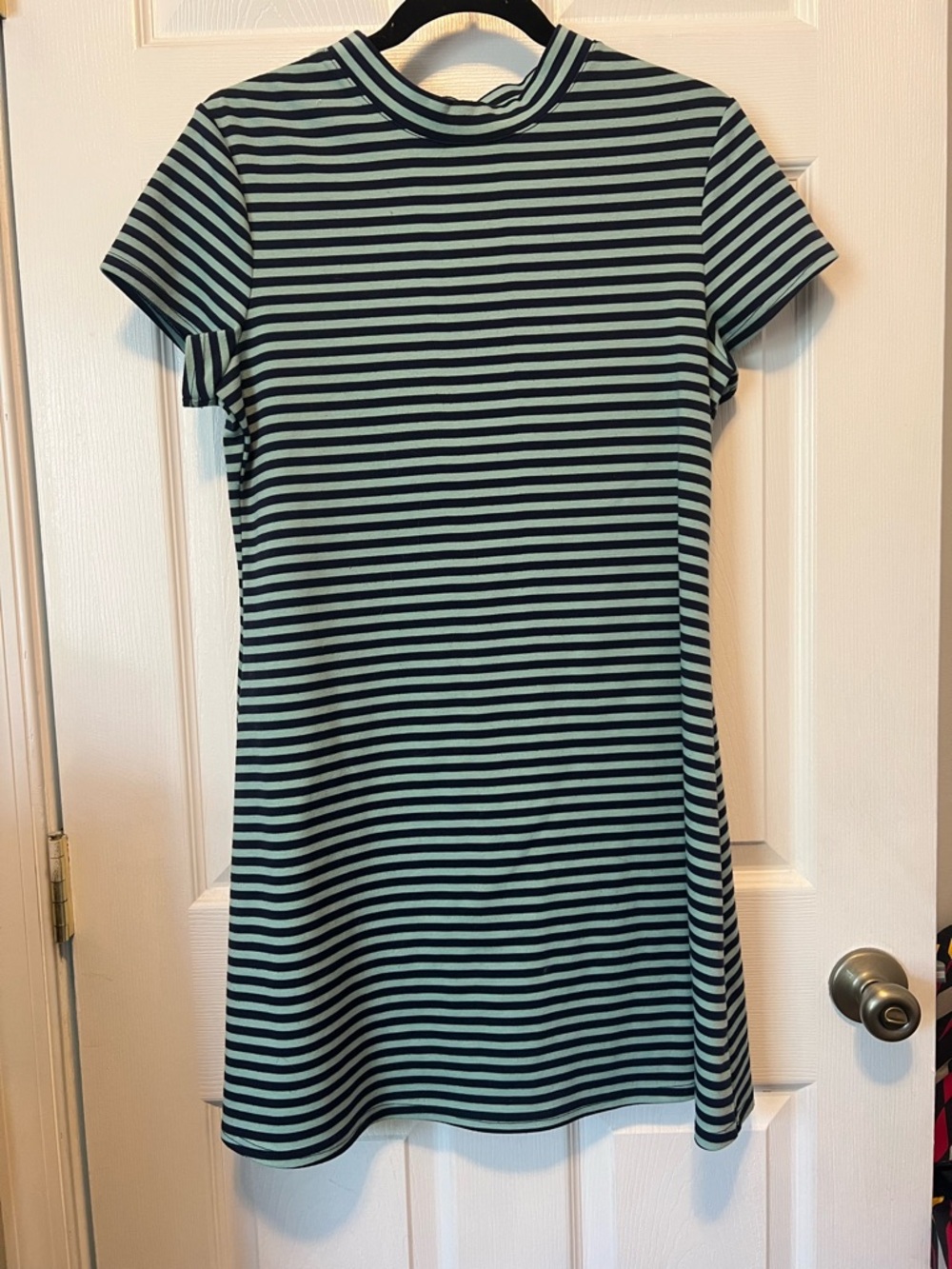 Striped Short Sleeve Mock Neck Shift Dress - Mint & Navy